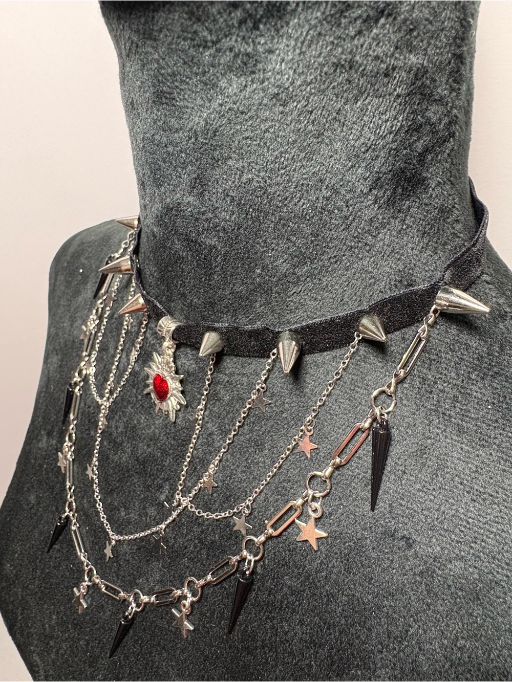 Gothic punk Multi-Layer Spike & Star Choker Necklace with Red Heart Pendant
